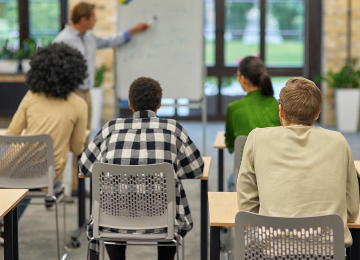 Professor pointing and explaining to students sitting in front of him people sitting in front of him