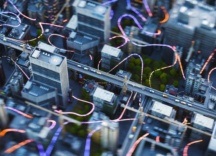 A city with neon lines going through the streets