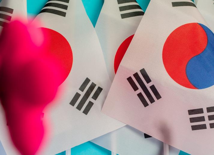 South Korean flags with flower blossoms in foreground