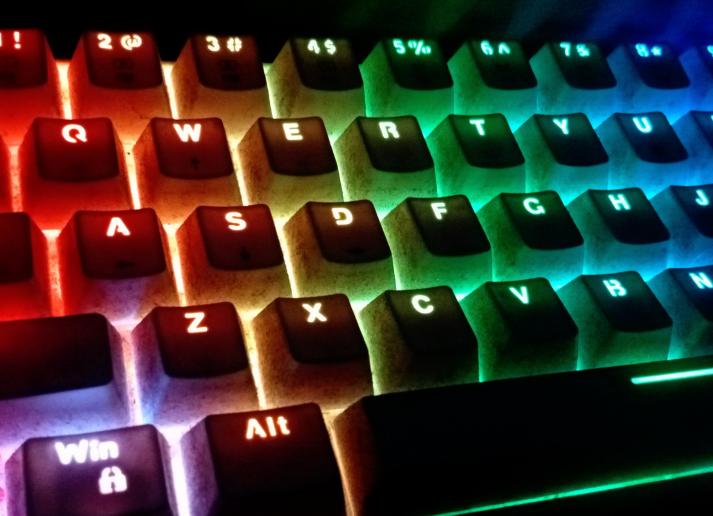 A keyboard backlit with a rainbow spectrum of LEDs.