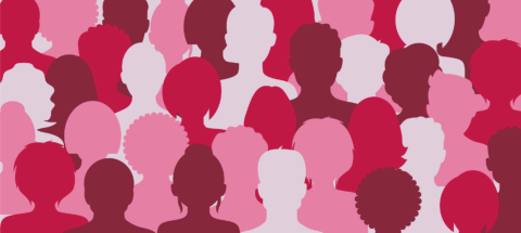 Silhouettes of many heads with red overlay 