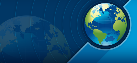 Graphic of a globe on a two-tone blue background