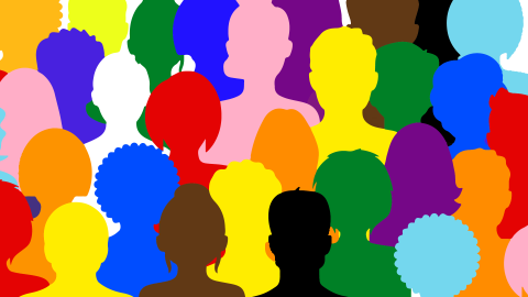 Illlustrated heads in the colors of the Pride flag