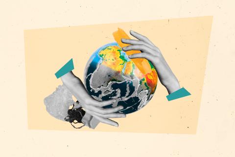 A collage-style image with two hands holding the world